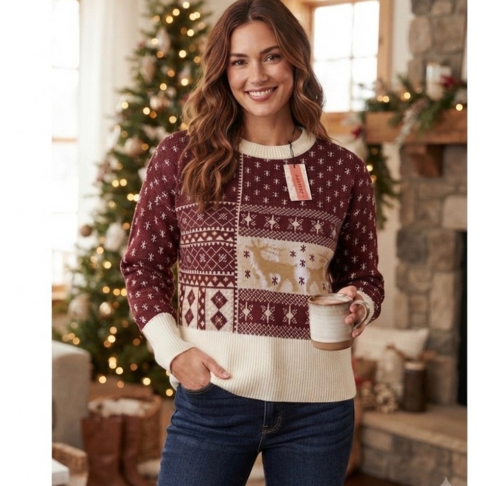 christmas‎ sweater S reindeers Womens Burgundy & Cream